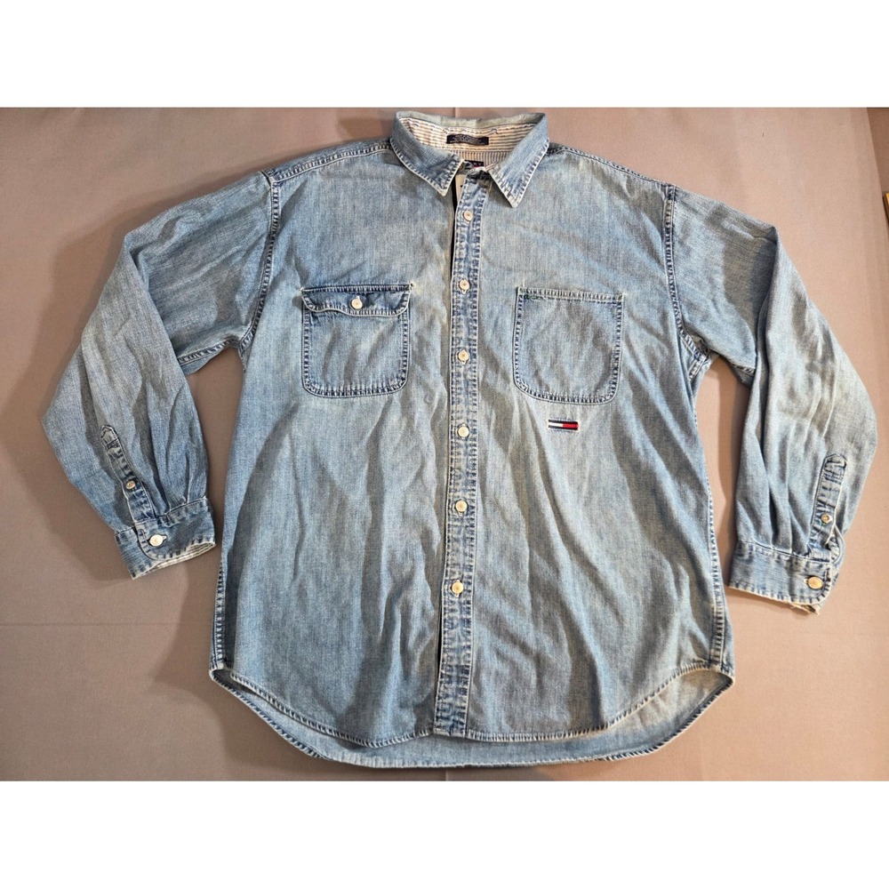 Vintage Tommy Hilfiger Shirt Mens Extra Large Blue Denim Classic Button Up Y2K